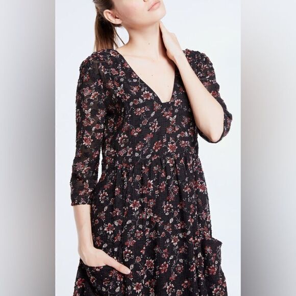 Ba&sh Galvin Midi Black Dress Floral Size L - Picture 5 of 13